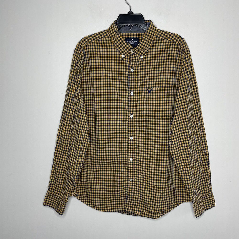 AMERICAN EAGLE AEO Mens Yellow Navy Check Button-Down Shirt Classic-Fit Sz XL